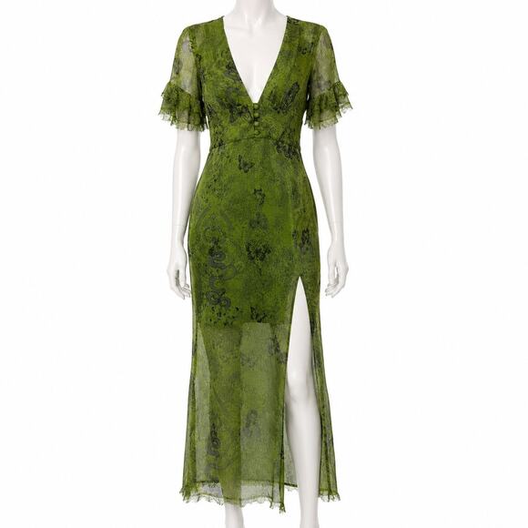 Urban Outfitters Dresses & Skirts - Urban Outfitters Dragon Print Sheer Maxi Dress Green Deep V Slit Women’s M